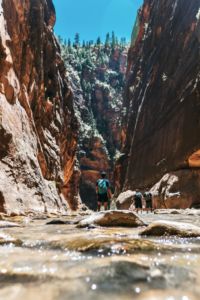 stream running through a canyon with people