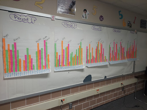 student bar charts hung up in a classroom