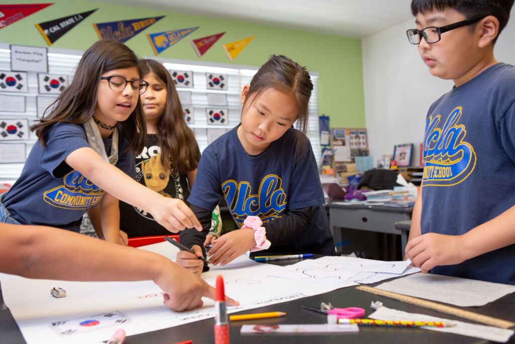 Students working on a poster.